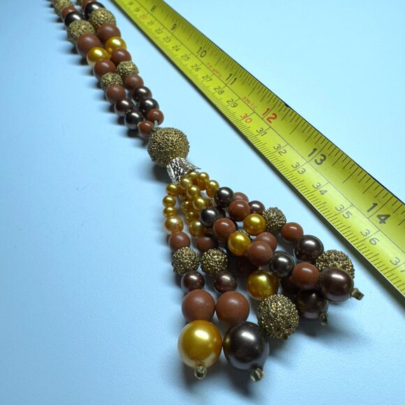 Vintage Beaded Necklace with Tassel Pendant Faux Plastic Pearls Brown and Gold - Picture 8 of 8